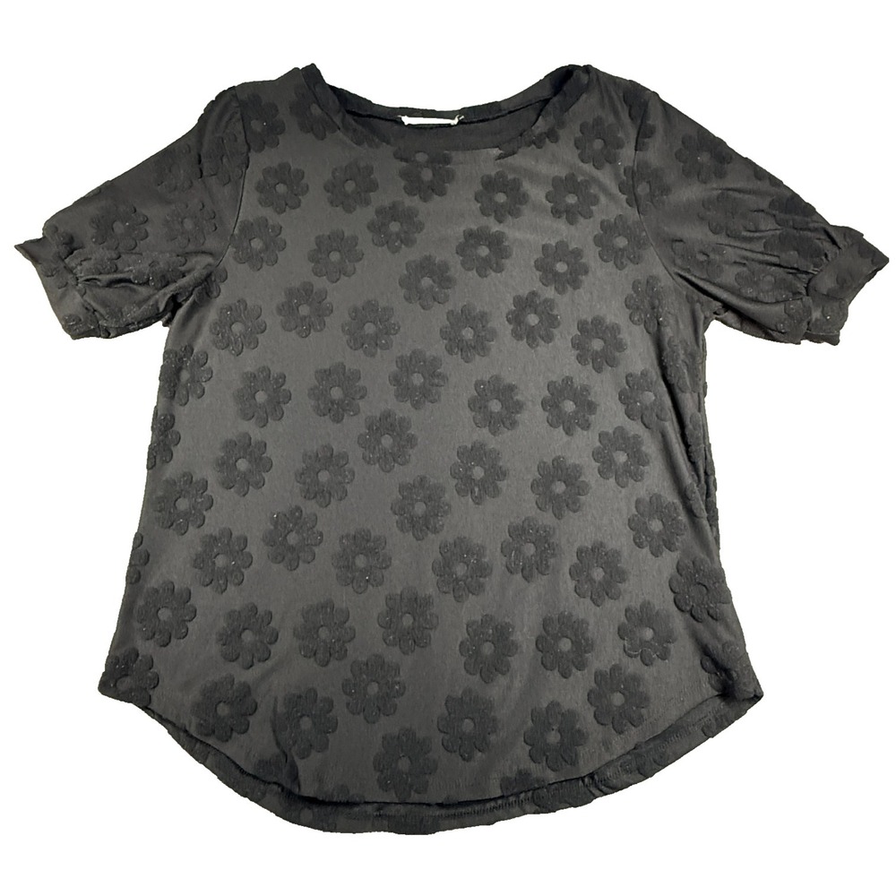 BOM BOM Womens Black Floral Blouse Small Textured Tonal Short Sleeve Made USA To